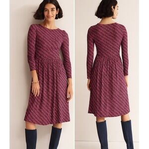 Boden Fit & Flare Dress Womens 4R Red Navy‎ Geo Print Long Sleeve Stretch NWT